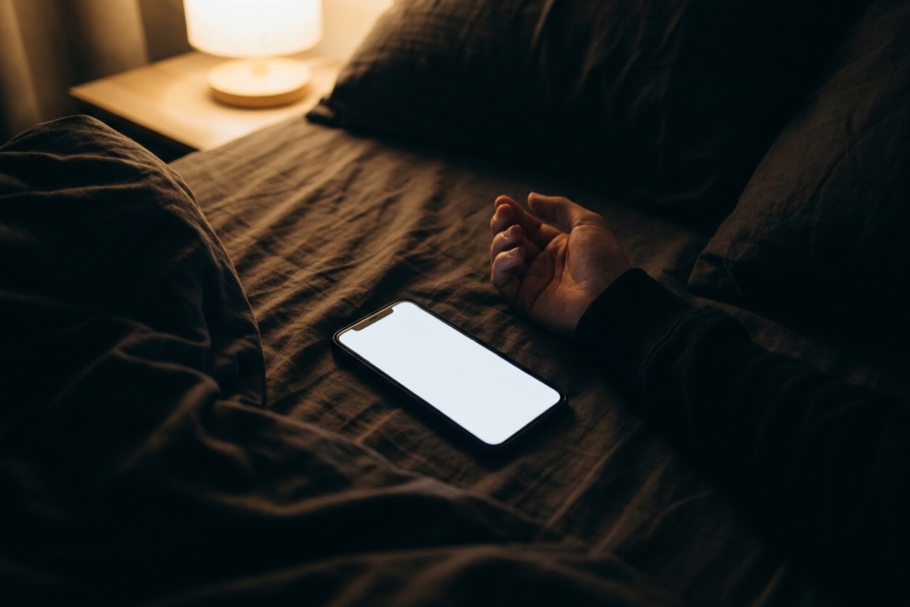 A glowing phone lying on a bedsheet at night beside a resting hand