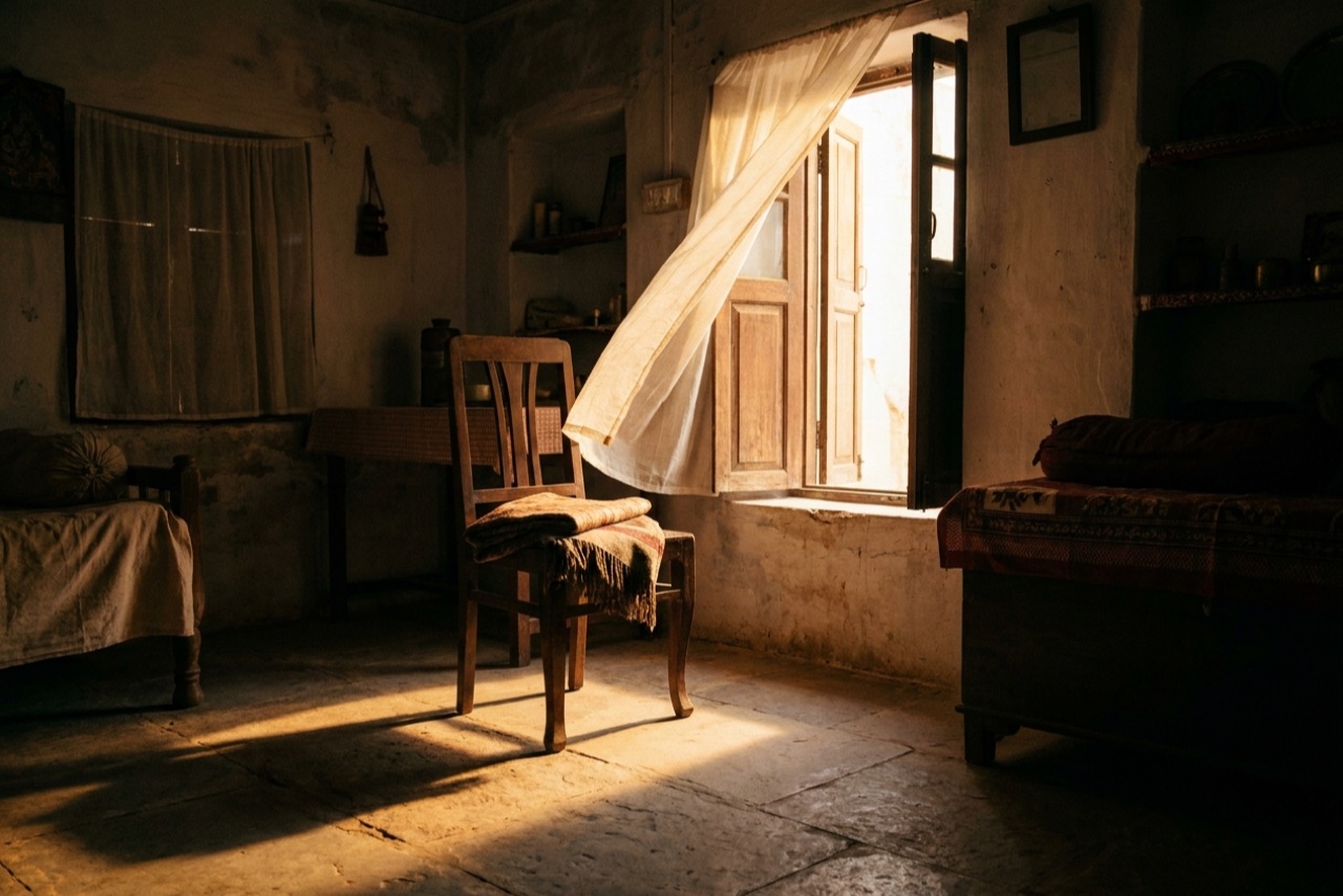 An empty chair beside an open window at dawn with a folded shawl on the seat