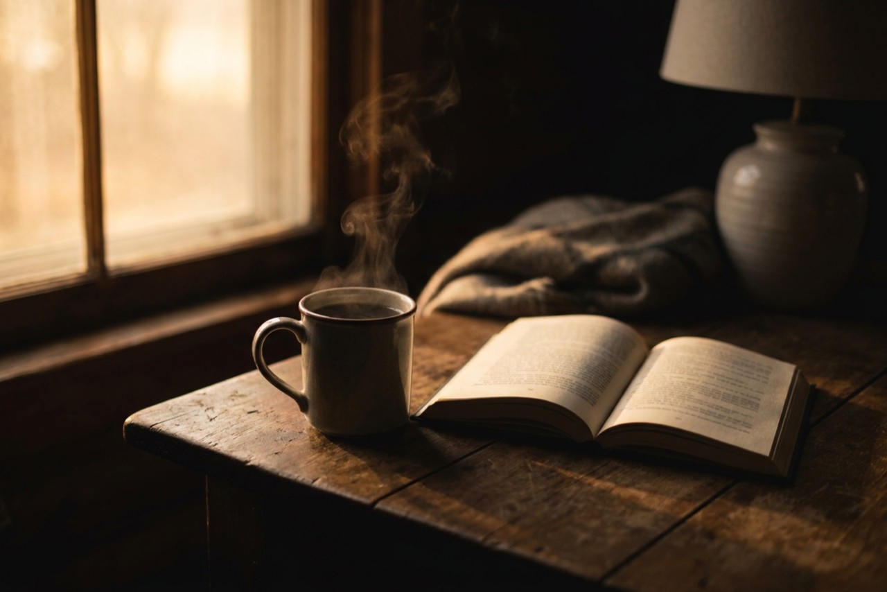 A cup of tea and an open book on a wooden table in evening light