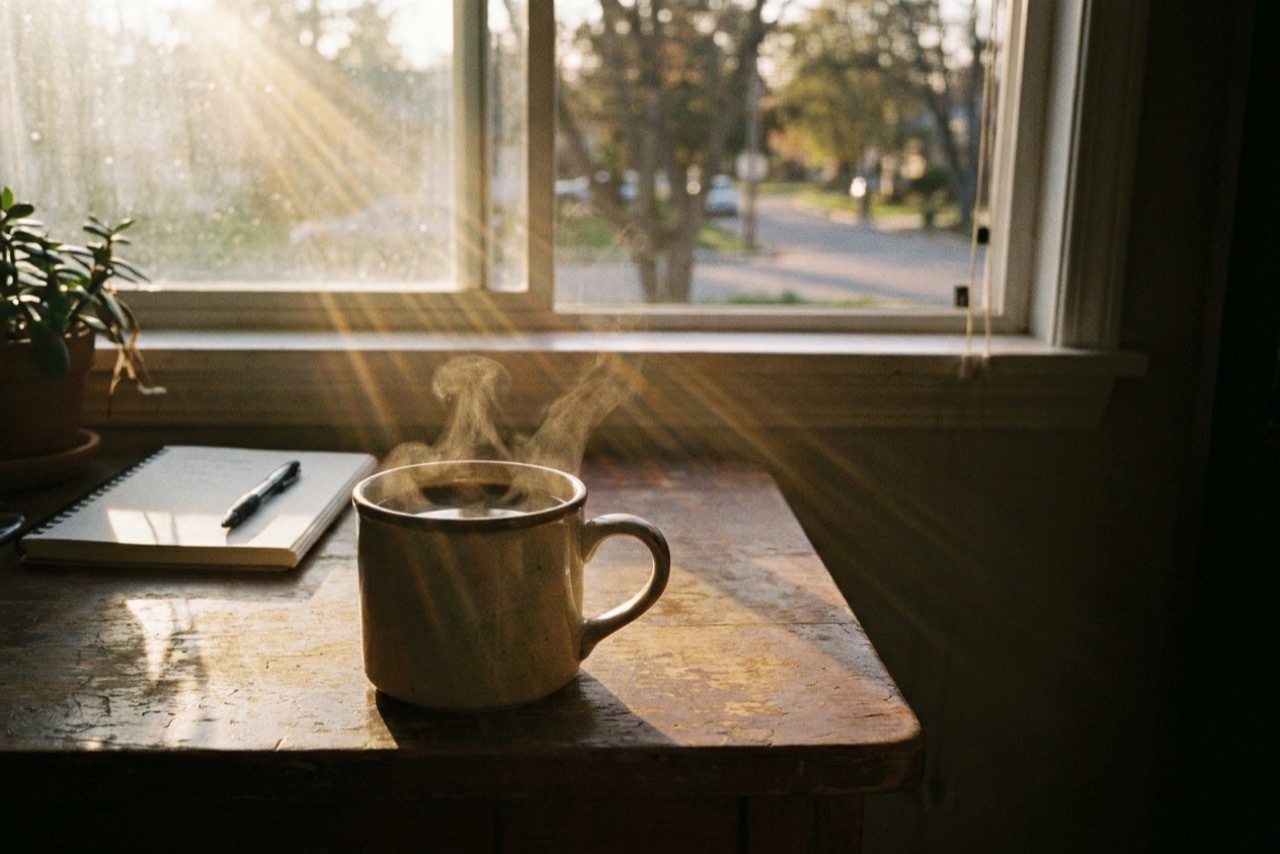 A steaming cup of coffee on a desk in warm afternoon light near a sunlit window