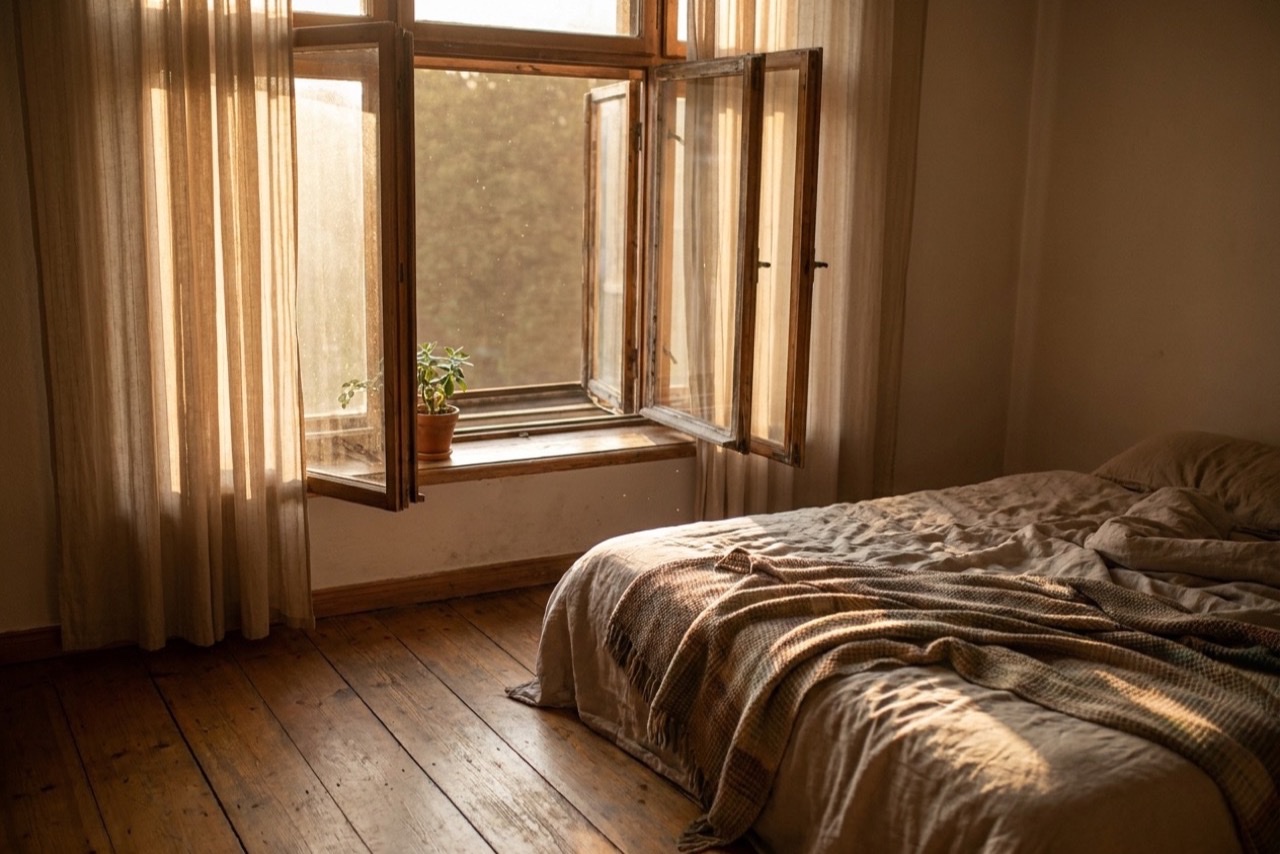 Morning sunlight streaming through an open window with curtains drawn aside onto a bed